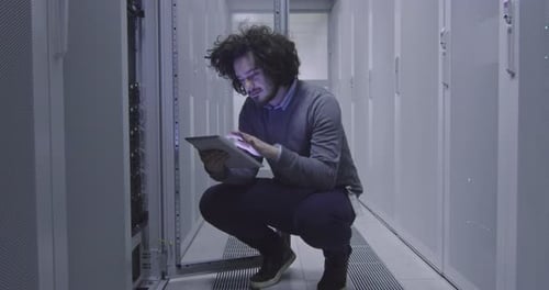 Man Squatting with Tablet in Server Room