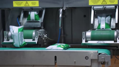 Plastic Bags at a Dairy Factory are Automatically Filled with Milk and Move Along a Conveyor Belt
