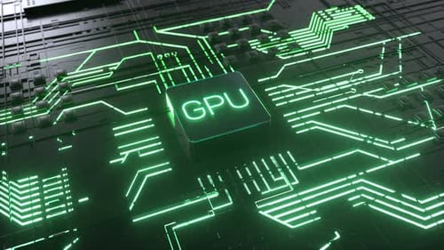 Unidade de processamento gráfico GPU. Iluminação da placa de circuito.Contexto tecnológico. Chip digital da placa-mãe