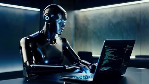 AI Humanoid Robot Coding on Laptop in Futuristic Office