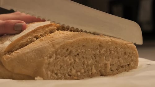 Female hand holding and cutting through freshly baked loaf of sour dough bread with sharp serated ki