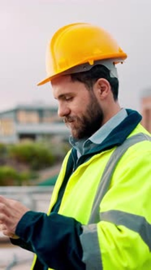 Architect, construction site and man with tablet, urban planning or blueprint for decision
