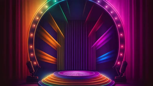 geometrischer Hintergrund mit bunt leuchtender Neonoptik und Podium zur Produktpräsentation
