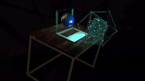 AI Brain and Earth Hologram with Laptop Technology Concept