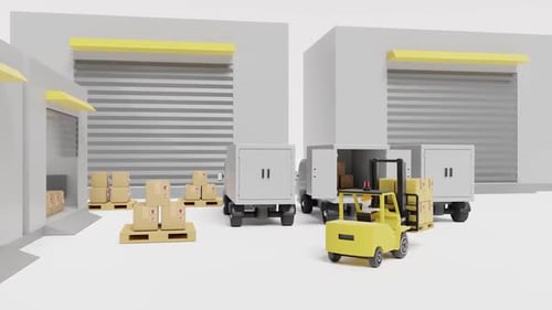 3D Warehouse Scene with Forklift and Delivery Trucks