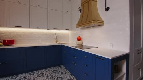 Contemporary interior design of the kitchen. Creative. Stylish interior with the kitchen appliances