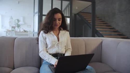 Business Woman Typing Laptop Computer At Home Office In Slow Motion. Closeup Happy Woman Working ...