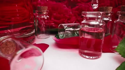 Ätherisches Rosenöl in Flaschen zur Herstellung von flüssigem Aroma-Serumextrakt Pink Drops