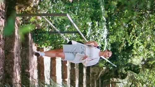 Girl Going Downstairs Forest Trail with Backpack on Nature Woman Walking Stairs