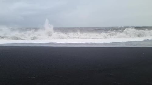 Slow Motion, Rough Sea Waves Breaking on Black Sand Beach, Reynisfjara, Iceland
