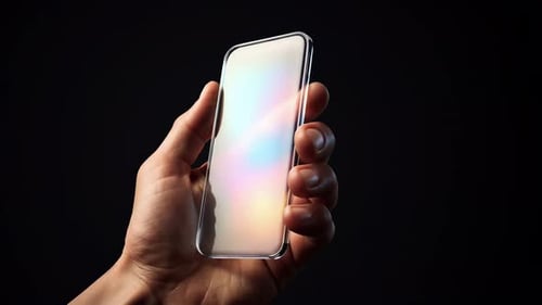 Hand holding futuristic smartphone with iridescent screen on black background