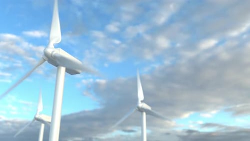 Wind park. Wind turbines spinning in the wind generating renewable green energy. Sustainability