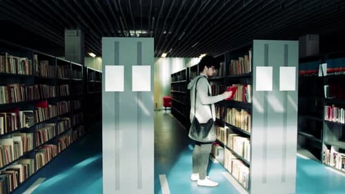 Young student walks through a spacious modern university library