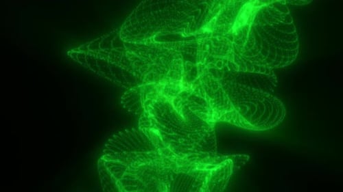 Lebendig grün leuchtendes Netz verdreht sich zu einer komplexen Spiralformation vor dunklem Hintergrund