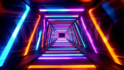 Futuristic Neon Tunnel with Glowing Geometric Lights