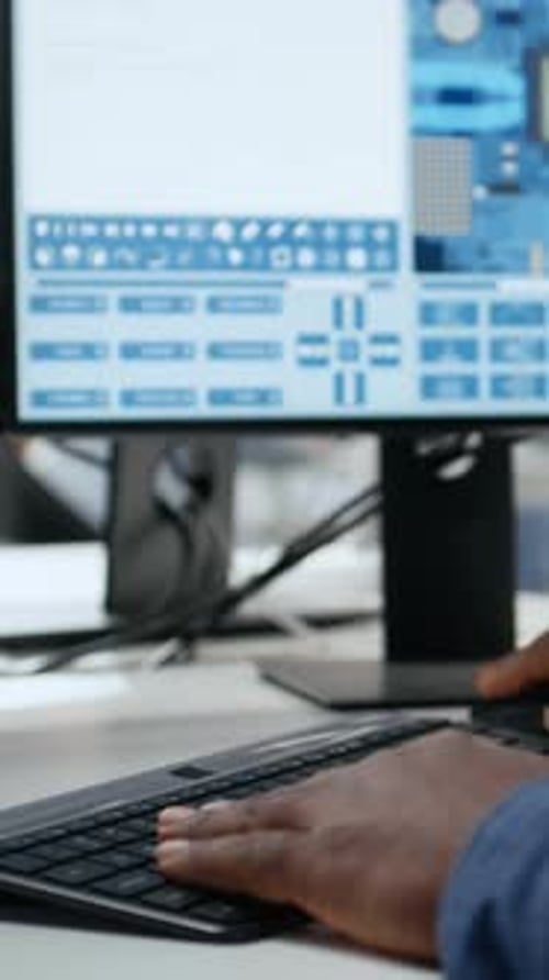 Vertical Video Close Up of Technician in Semiconductors Factory Office Analyzing PCBs
