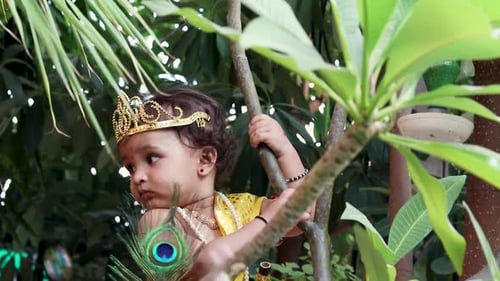 adorable infant dressed as hindu god krishna cute facial expression playing at tree at janmashtami
