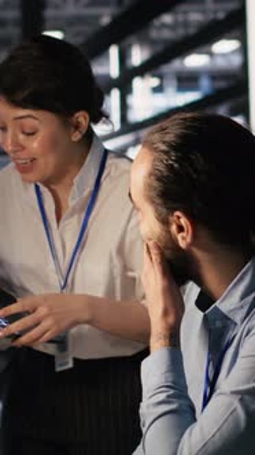 Two Colleagues Talking About Business in Workplace Setting
