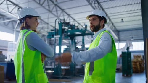 Lagerspezialisten sprechen über den Abschluss einer Vereinbarung über die Fabriktechnik. Diskussion über Two Storehou