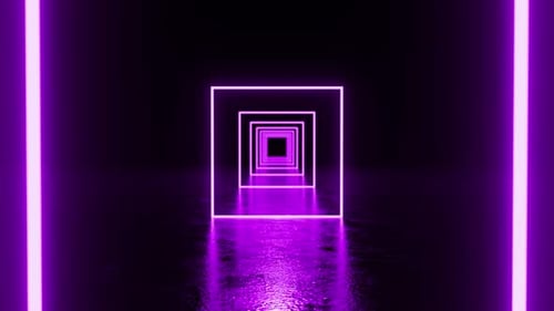 Neon purple square tunnel reflecting on wet floor