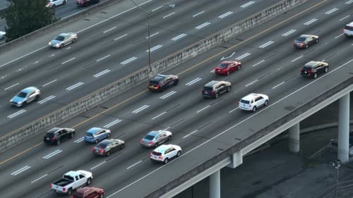 Atlanta's Freeways With Light Traffic During Peak Hour In Georgia, USA. high angle, static shot