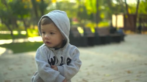 A Twoyearold Boy Stands in the Park and Looks Around A Child in a Hoodie Closeup in Sunny Weather