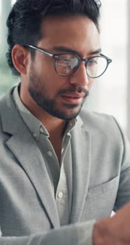 Stress, eye strain and business man in office with headache for financial report