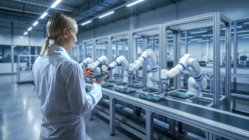 Engineer Overseeing Smart Factory Robotics Assembly Line