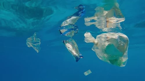 Underwater Plastic Pollution with Bags and Debris
