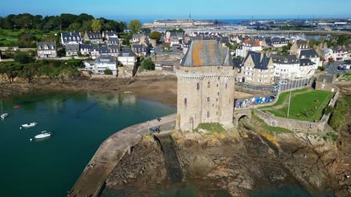 Amazing view of Solidor Tower with Intra Muros in background. Saint-Malo, Brittany in France. Aerial