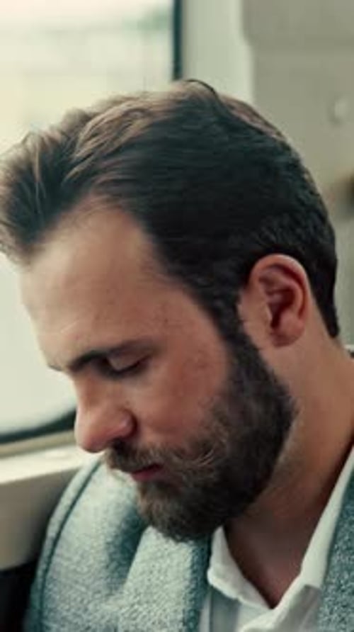 Tired, commute or businessman on bus with nap, exhausted or rest in town travel