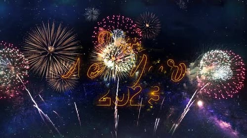 Happy New Year 2023 Text Typography Particles Fireworks Explosion Sparks Night Sky Background