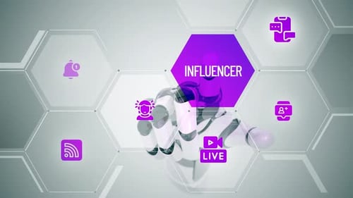 Futuristic Robot Hand Interacting with Holographic Influencer Interface