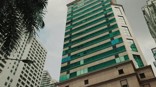 Low View of the One Huge Building in the Smart City Modern Glass Skyscraper Office Center in the