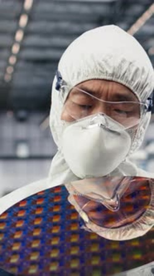 Vertical Video Close Up of Researcher Holding Processed Silicon Wafer