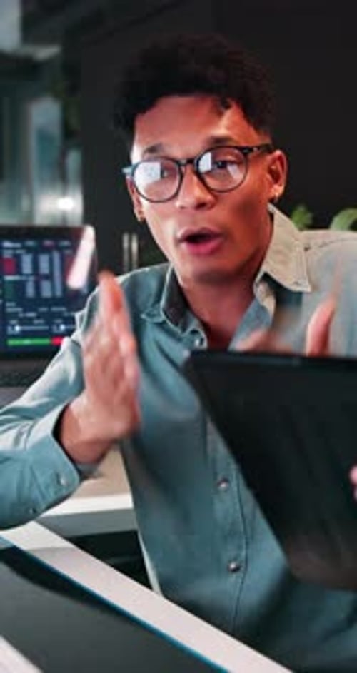 Frustrated, man and broker with finance in office for talking, stock market doubt and profit loss