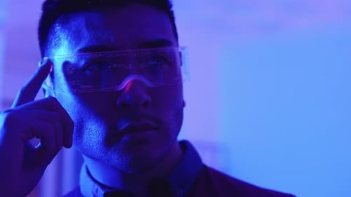 Young Adult Wearing Futuristic Cyberpunk Glasses