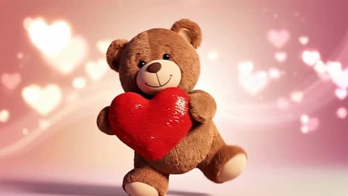 Cute Teddy Bear Walking and Holding a Sparkling Red Heart