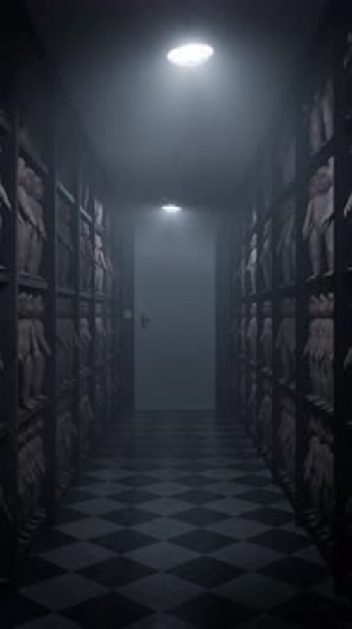 Creepy Doll warehouse on Shelves in Foggy Hallway Portrait