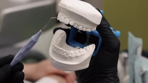 Dental Model Examined with Pick in Clinic