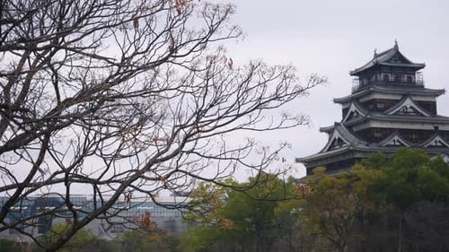 Hiroshima Castle in Background, Panning Establishing Shot of Japan