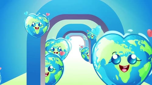 Cute Cartoon Earth Hearts Tunnel Loop Background