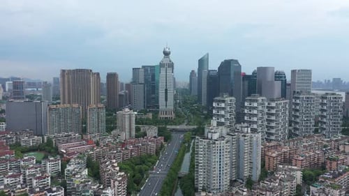 Aerial View of a Bustling City with Modern Skyscrapers Hangzhou China