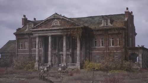 Abandoned Mansion with Overgrown Garden in a Cloudy Atmosphere