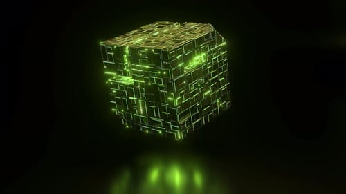 The Rotation of a Scifi Cube with Neon Glowing Elements