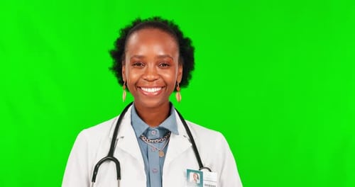 Face, smile and a doctor black woman on a green screen background in studio for healthcare