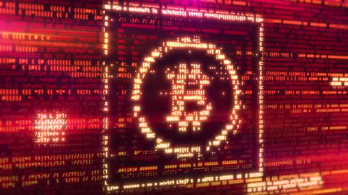 Bitcoin Symbol Emerging From Code Lines on Computer Screen