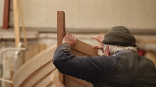 Experienced Shipwright Checking Boat Angle, Traditional Wooden Boat Construction