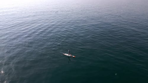 Aerial View of a Man Paddling a Standup Paddleboard or SUP Board on a Calm Sea