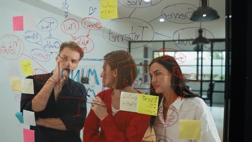 Coworkers Collaborating on Ideas with Glass Whiteboard